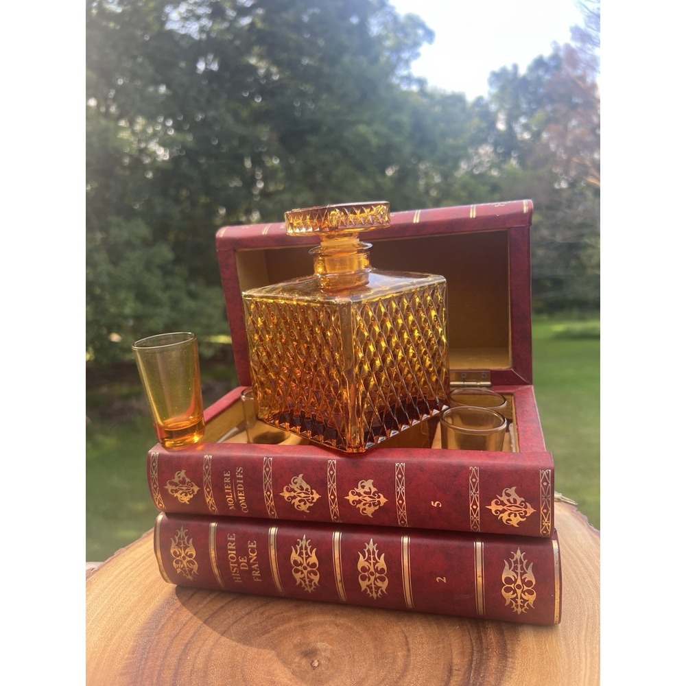 Vtg Japan Hidden Bar Decanter Set Music Box Faux Books JGIA Amber Glass Complete